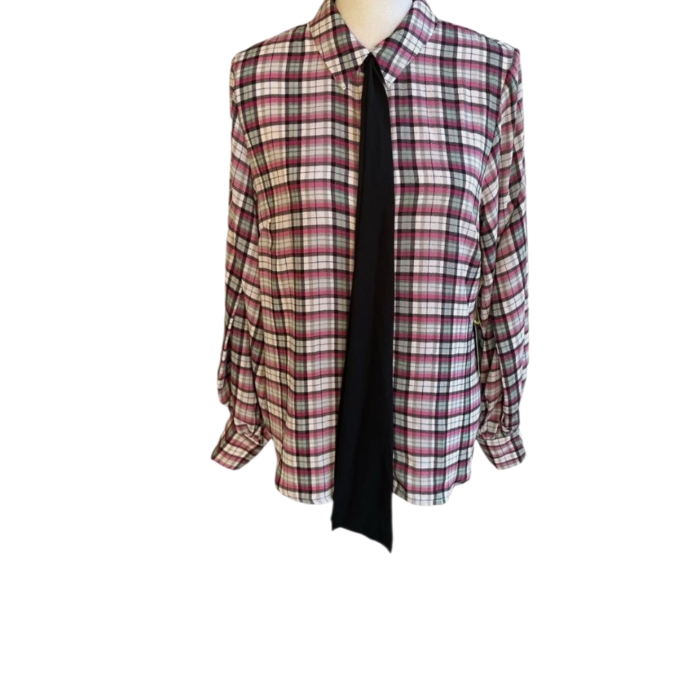 CeCe Womans Neck Tie Plaid Checkered Button Up Shirt